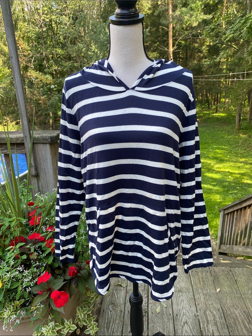Market & Spruce Navy & White Striped Hooded Longsleeve Top